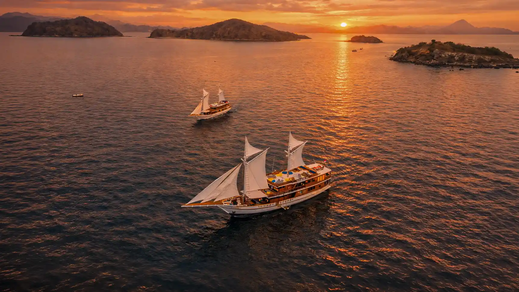 A phinisi under sail at sunset among the islands of the Flores Sea