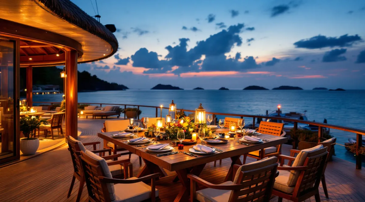 A candlelit dinner laid on the open deck of a liveaboard at dusk