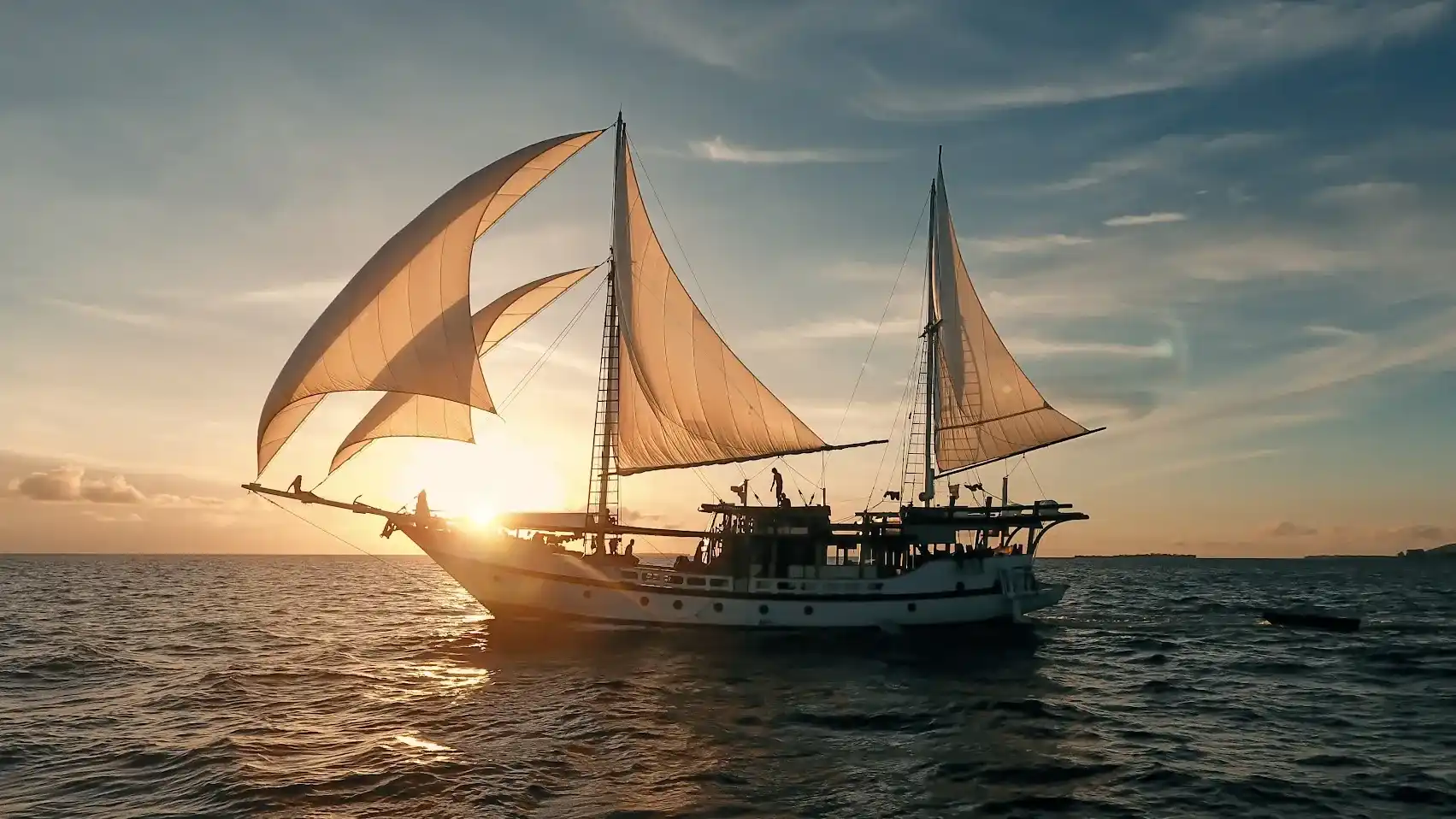 A liveaboard phinisi at anchor as the sun drops behind the islands