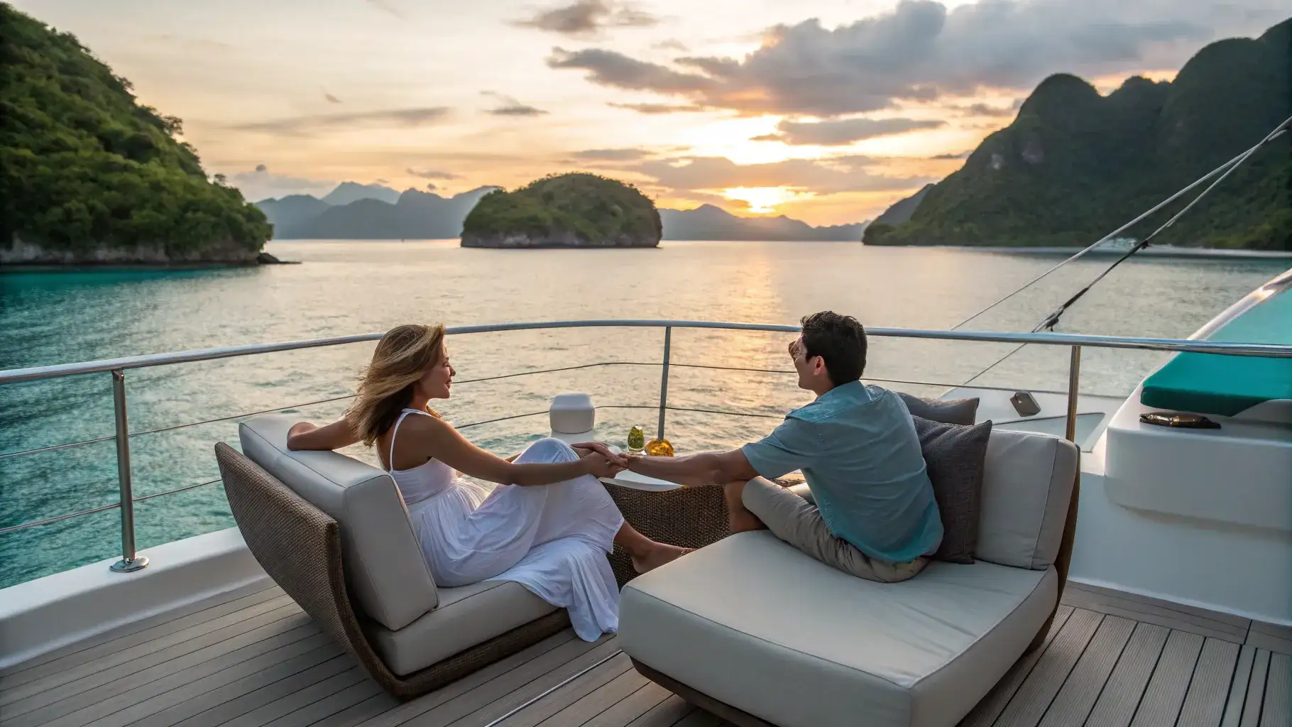 A couple on the deck of a private yacht at sunset