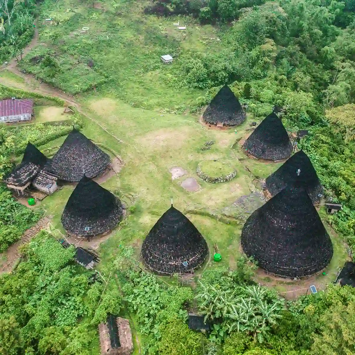 The seven cone-roofed houses of Wae Rebo seen from above