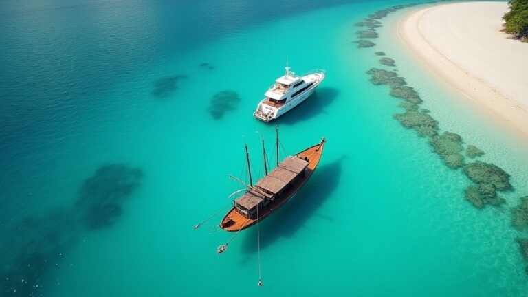Traditional phinisi and modern motor yacht anchored side by side in Komodo — two luxury Komodo boat types compared