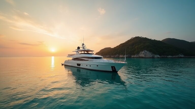 Private yacht charter at anchor in a quiet bay off Padar island, Komodo National Park, at dusk