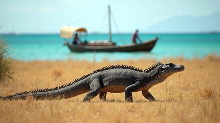 Komodo dragon on golden savannah with a phinisi anchored in the bay — comparing Rinca vs Komodo Island dragon encounters