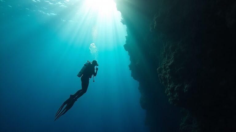 Diver silhouette on a sheer coral wall in the Pantar Strait — Alor diving at its finest