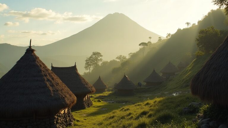 Bena traditional village thatched houses beneath Mount Inerie near Bajawa, Flores