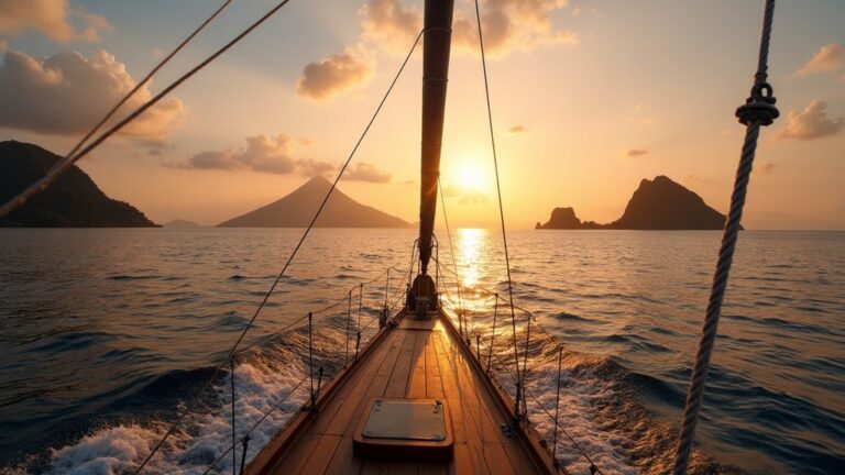 Phinisi bow sailing toward volcanic islands at sunset on the crossing between Lombok and Flores