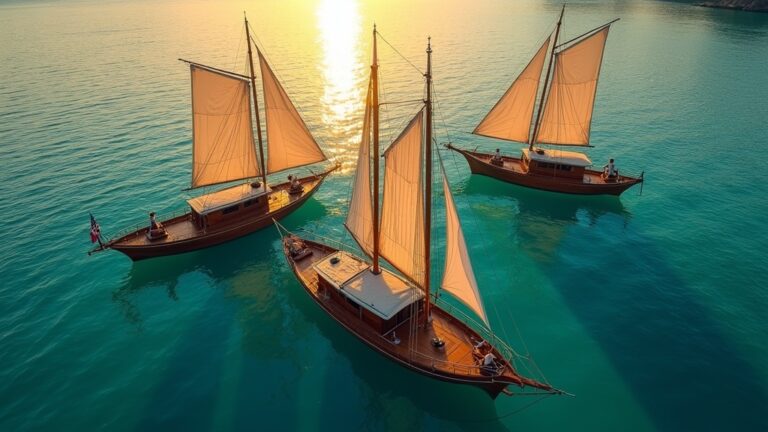 Best Komodo liveaboard fleet — owned phinisi of Komodo Luxury at anchor in a bay near Labuan Bajo at golden hour