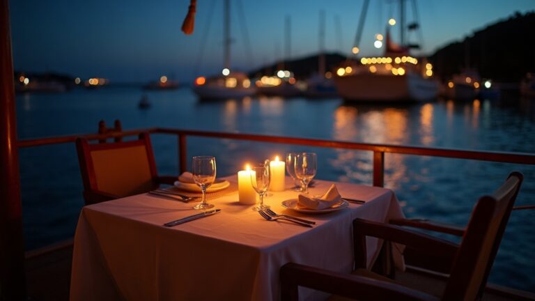 Candlelit honeymoon dinner for two on the aft deck of a private phinisi in Komodo at dusk