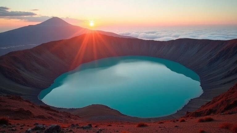 Sunrise over the three colored crater lakes of Kelimutu volcano, Flores