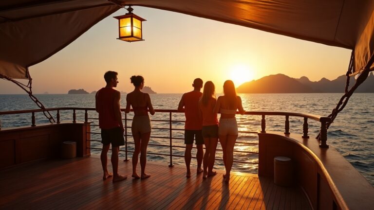 Guests at the rail of a Komodo liveaboard phinisi deck at golden hour in Komodo National Park