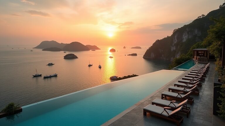 Infinity pool of a Labuan Bajo luxury hotel overlooking the bay and islands at sunset