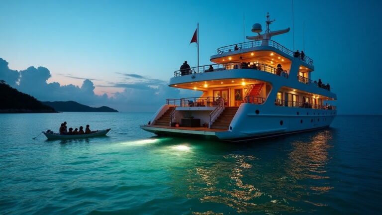 Luxury liveaboard at anchor in a calm Flores Sea bay at dusk — the private charter tier from USD 3,250 per night