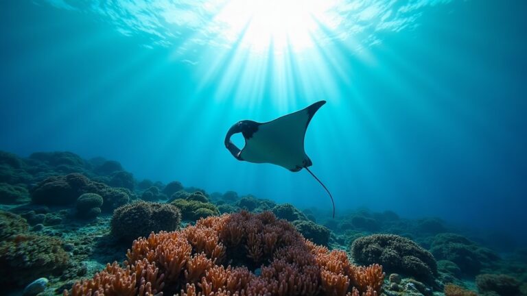 Reef manta ray gliding over the coral ridge at Manta Point dive site, Komodo National Park