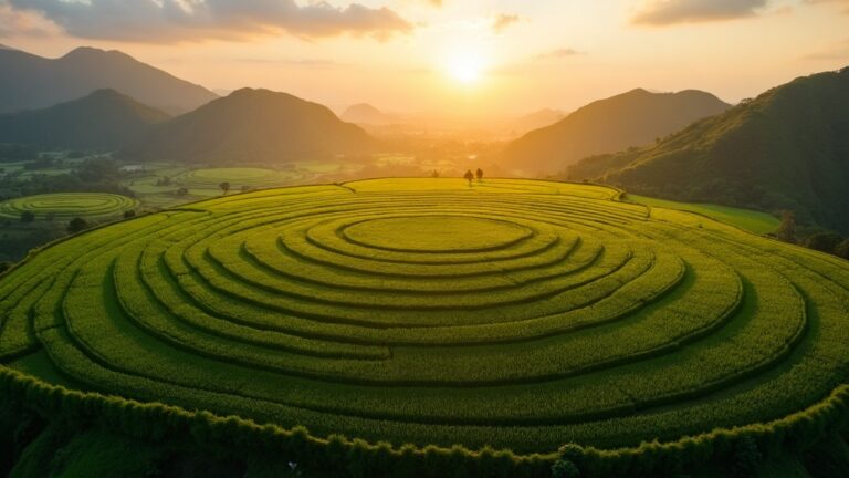 Aerial view of the spider web rice fields of Cancar near Ruteng, Flores, with circular lingko field divisions at golden hour
