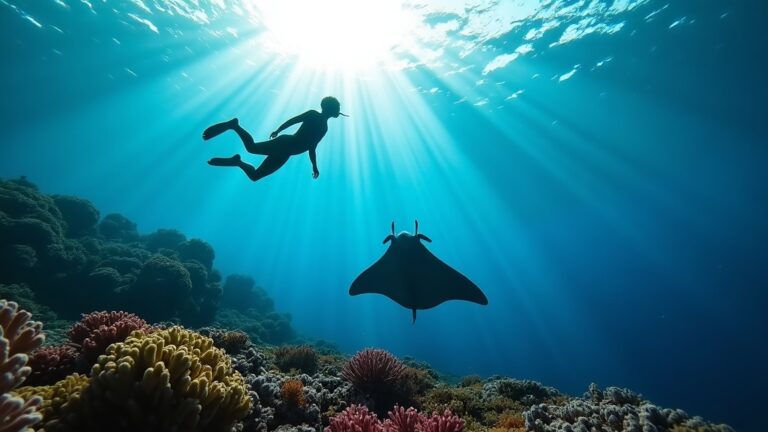 Snorkeler floating above a reef manta ray in clear water — snorkeling-only Komodo tour with no dive certification needed